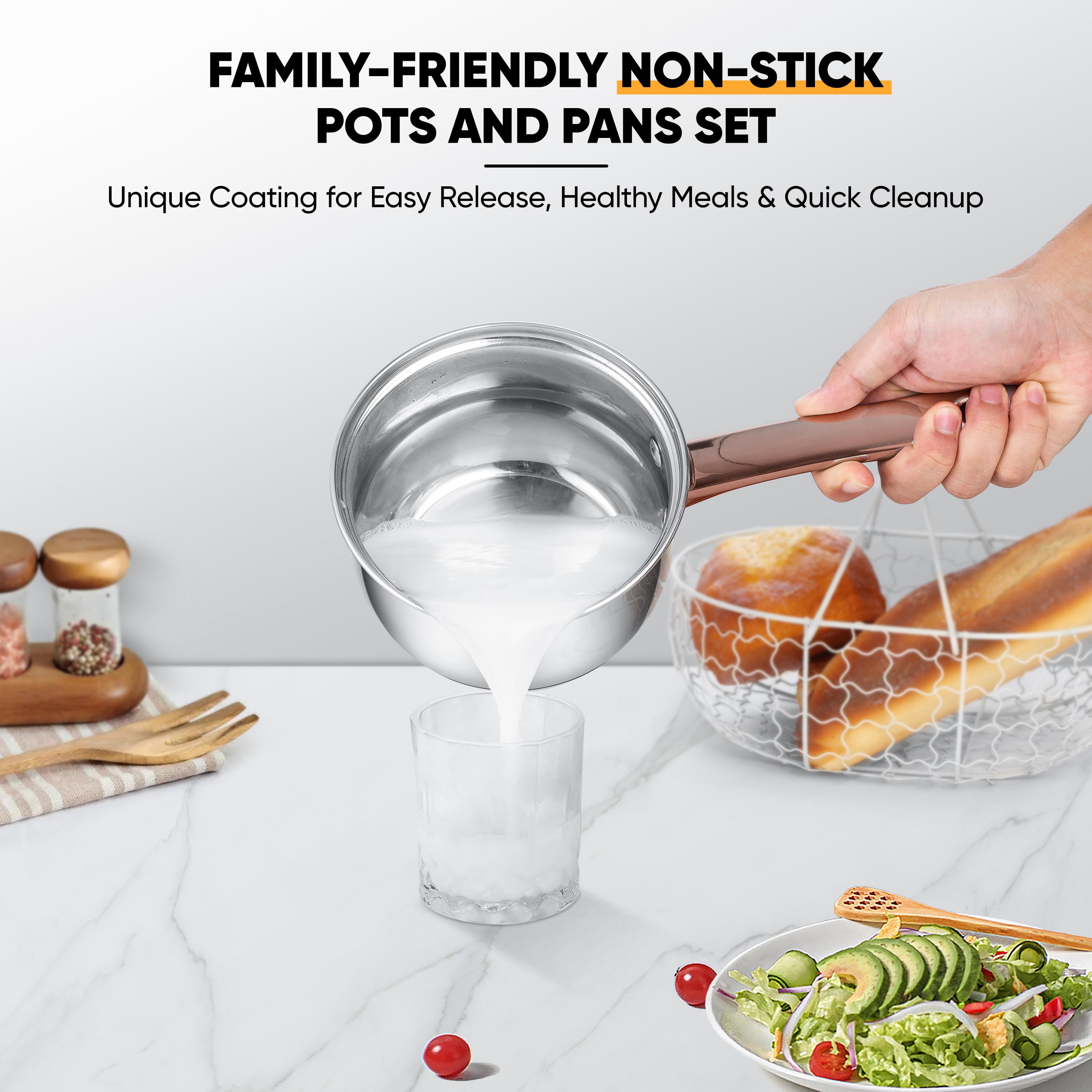 Coliware 6-Piece Rose Gold Pots and Pans Set, Stainless Steel Cookware Sets with Stock Pots Saucepans Frying Pans, Non-Stick Commercial Cooking Set Compatible with All Stovetops, Dishwasher Safe