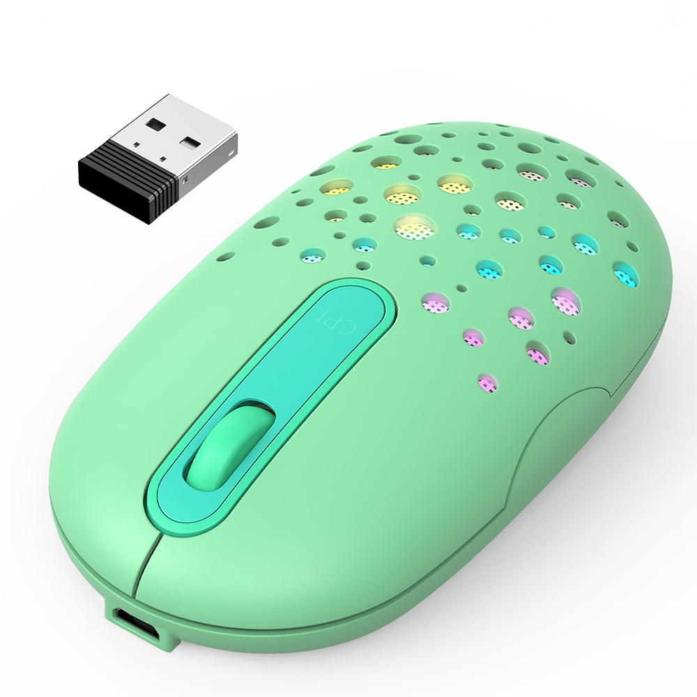 LED Wireless Mouse, Jelly Comb Color Changing Mouse with Honeycomb Shell, Rechargeable Slim Cordless Mice, Silent Click and USB Receiver for Laptop Computer Chromebook (Green)