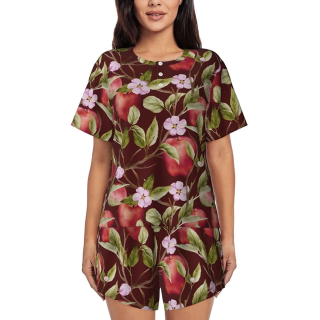 Fotbe Leaf And Fruit Conjunto de Pijama Estampado para Mujer, 2 Piezas, Ropa de Dormir con Camiseta de Manga Corta y Shorts Suaves-Medium