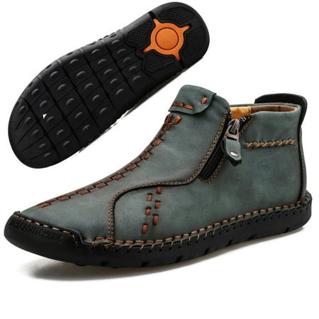 LASUDRAA Mens Ankle Boots Leather Casual Fashion Loafers Shoes Side Zipper Boots Hand Stitching