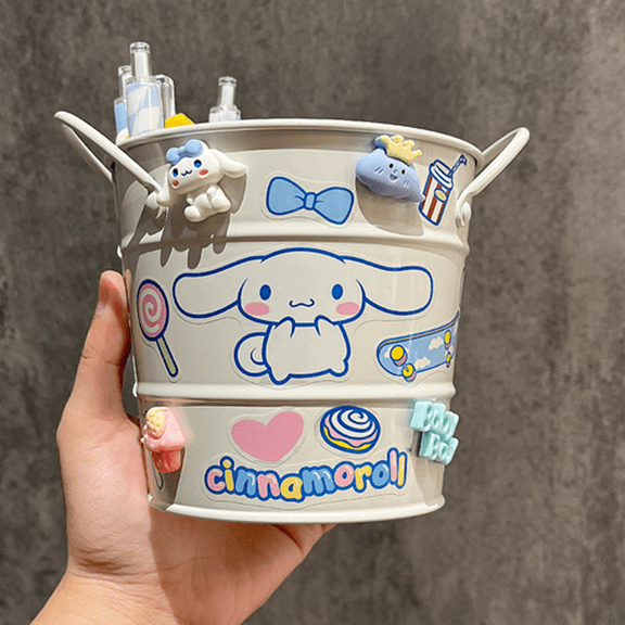 Sanrio Hello Kitty Kuromi Iron Barrel  Large Capacity Cute Student Makeup  Sundries Desktop Storage Bucket Gift