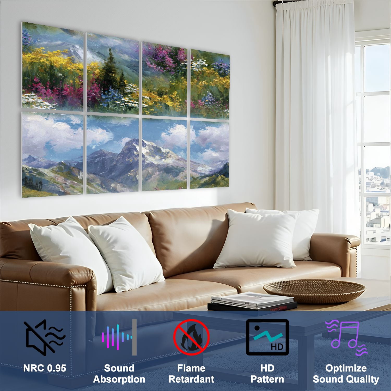 8 Pack Art Acoustic Panels Sound Absorbing Vibrant Mountain Landscape Wildflowers Decorative Soundproof Wall Panels Self Adhesive for Nursery Game Room Bedroom 48"x32"