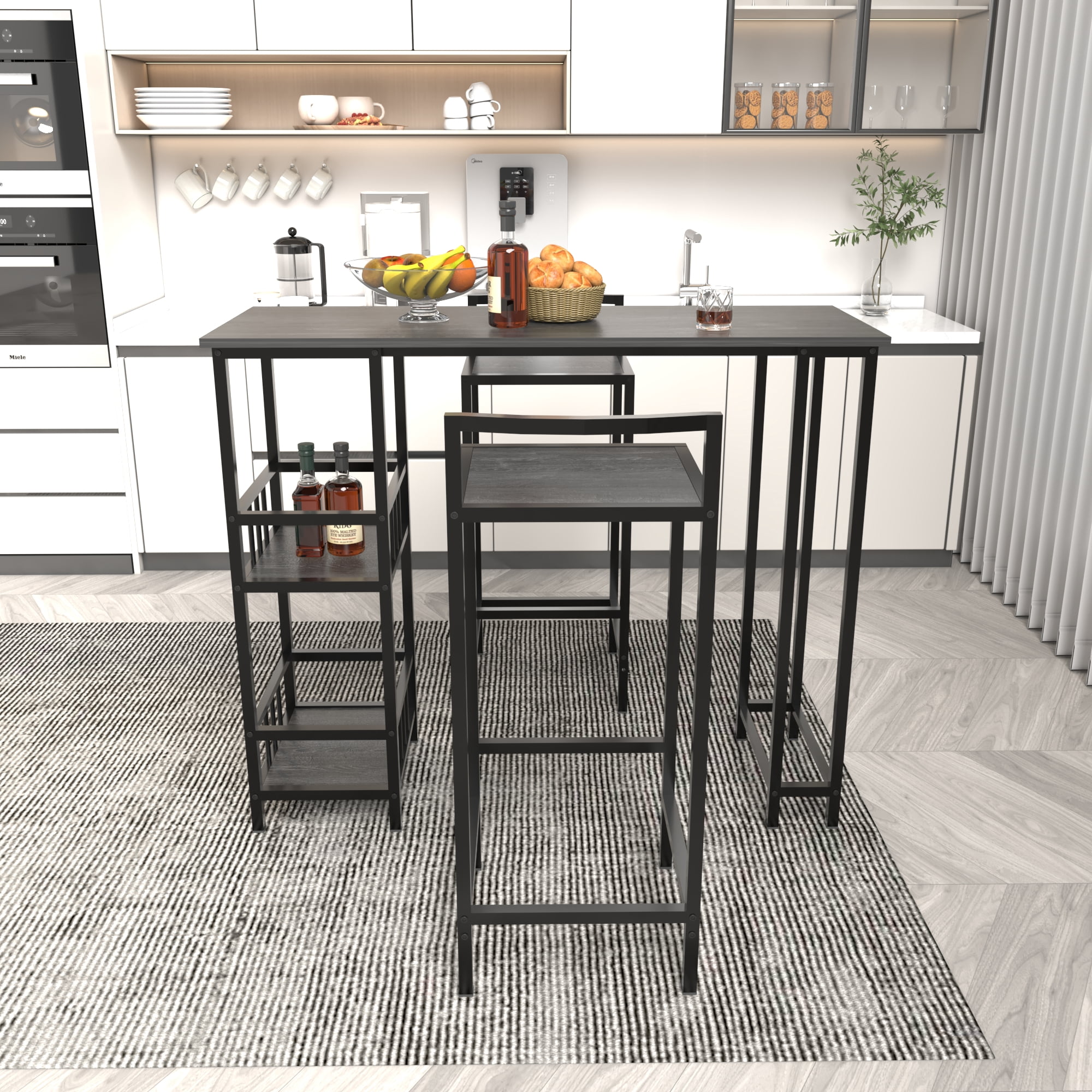 GARITIN 3 Piece Counter Height Bar Table Set with 2 Bar Stools, Rectangular Pub Table with 3 Tier Side Storage Shelves for Kitchen, Walnut Brown