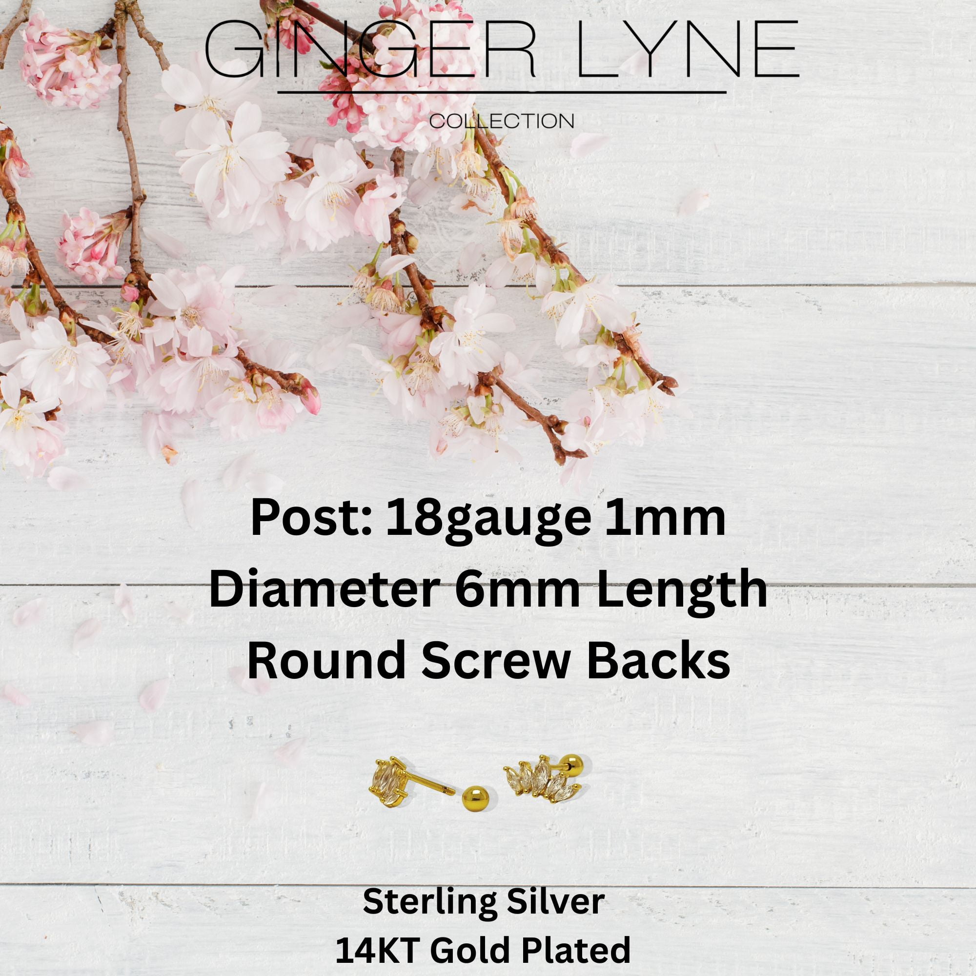 Marquise CZ Flat Back Earrings for Cartilage Helix Tragus Lobe 18g 6mm Post Sterling Silver 1 pair by Ginger Lyne
