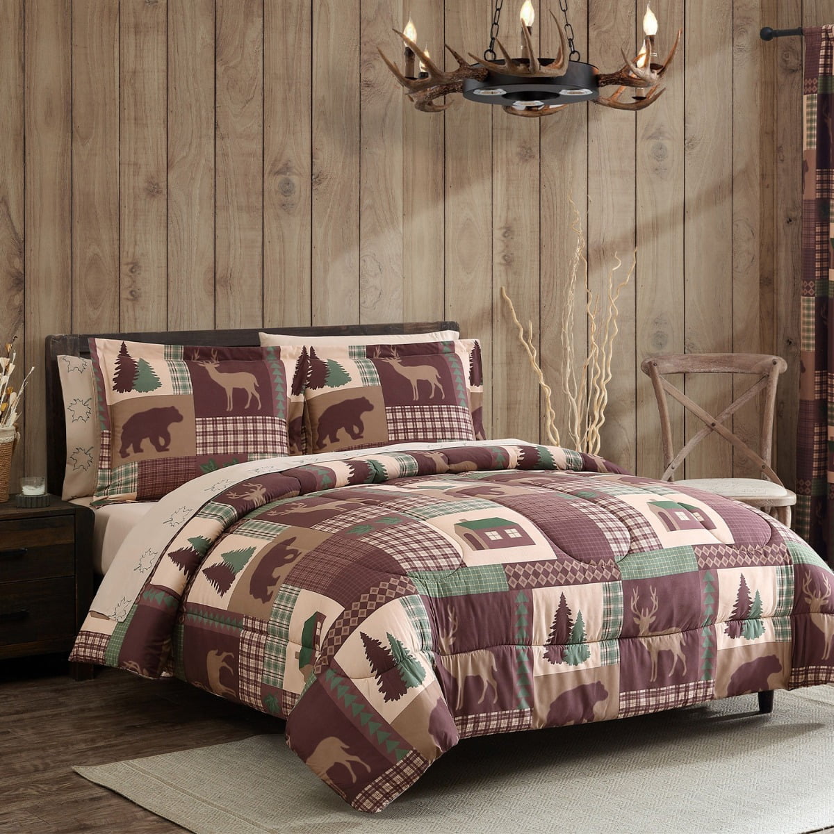 Plaid Bedding Set Full Queen Comforter Down Alternative Cabin Lodge Brown 3 Pc 