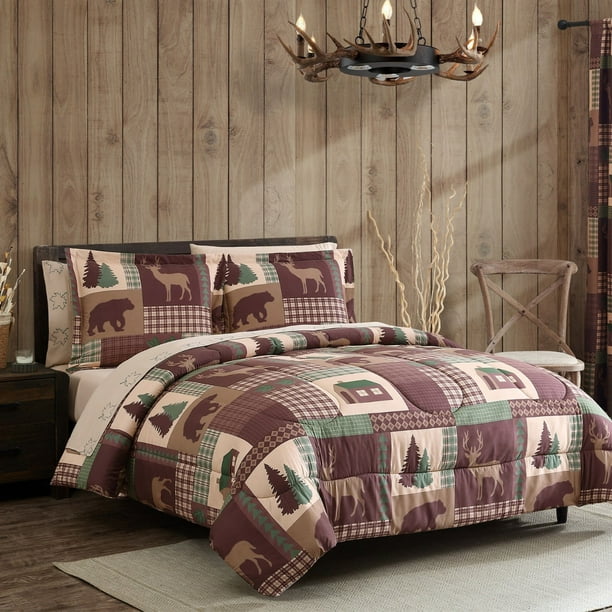 7 Piece Rustic Cabin Full Comforter Bed In A Bag Bedding Set With Deep Pocket Sheets Bear Deer Lodge Brown Green Walmart Com Walmart Com