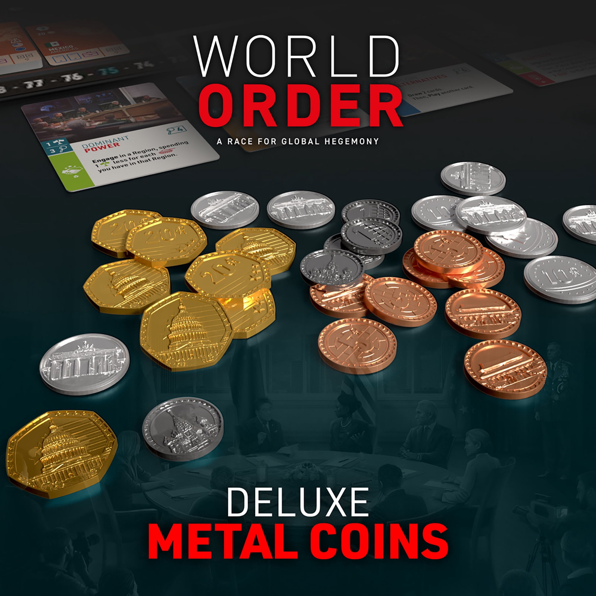 World Order: Metal Coins - 85 Collectible Pieces, Board Game Upgrade Components, Replace Base Cardboard Money, Multiple Denominations, Economic Set