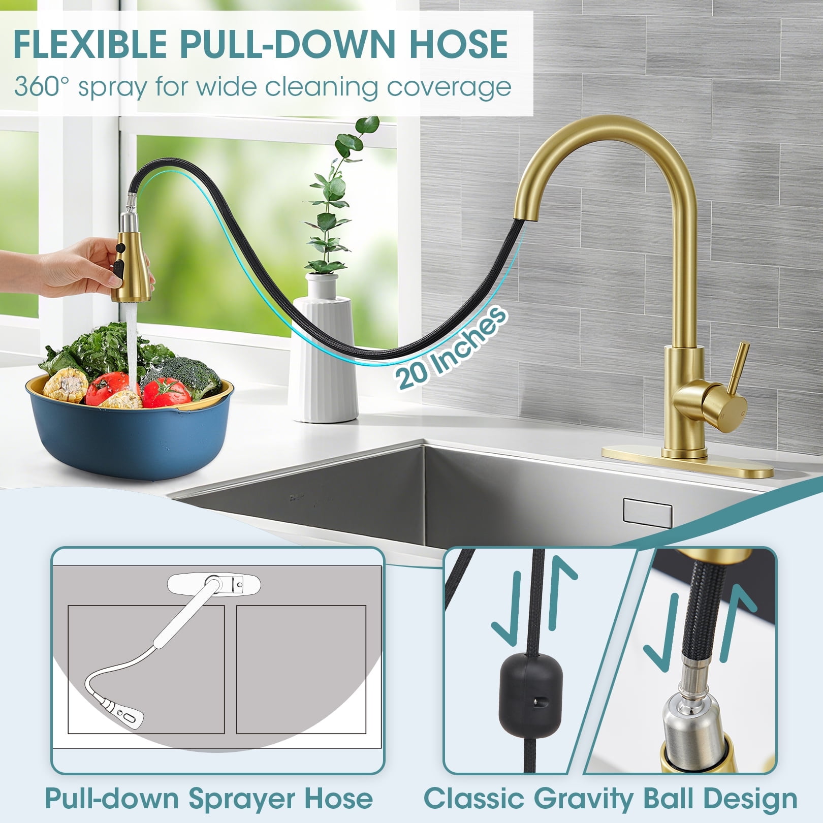 Wowkk Sanitary Ware Kitchen Sink Faucet with Pull Down Sprayer, Single Handle SUS304 Stainless Steel Kitchen Faucets with Deck Plate to Cover 1 or 3 Holes for Bar, Laundry, Brushed Gold