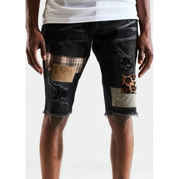 Crysp Denim Men's Distressed Rip & Repair Patch Skinny Fit Denim Jean Shorts (28, Black)