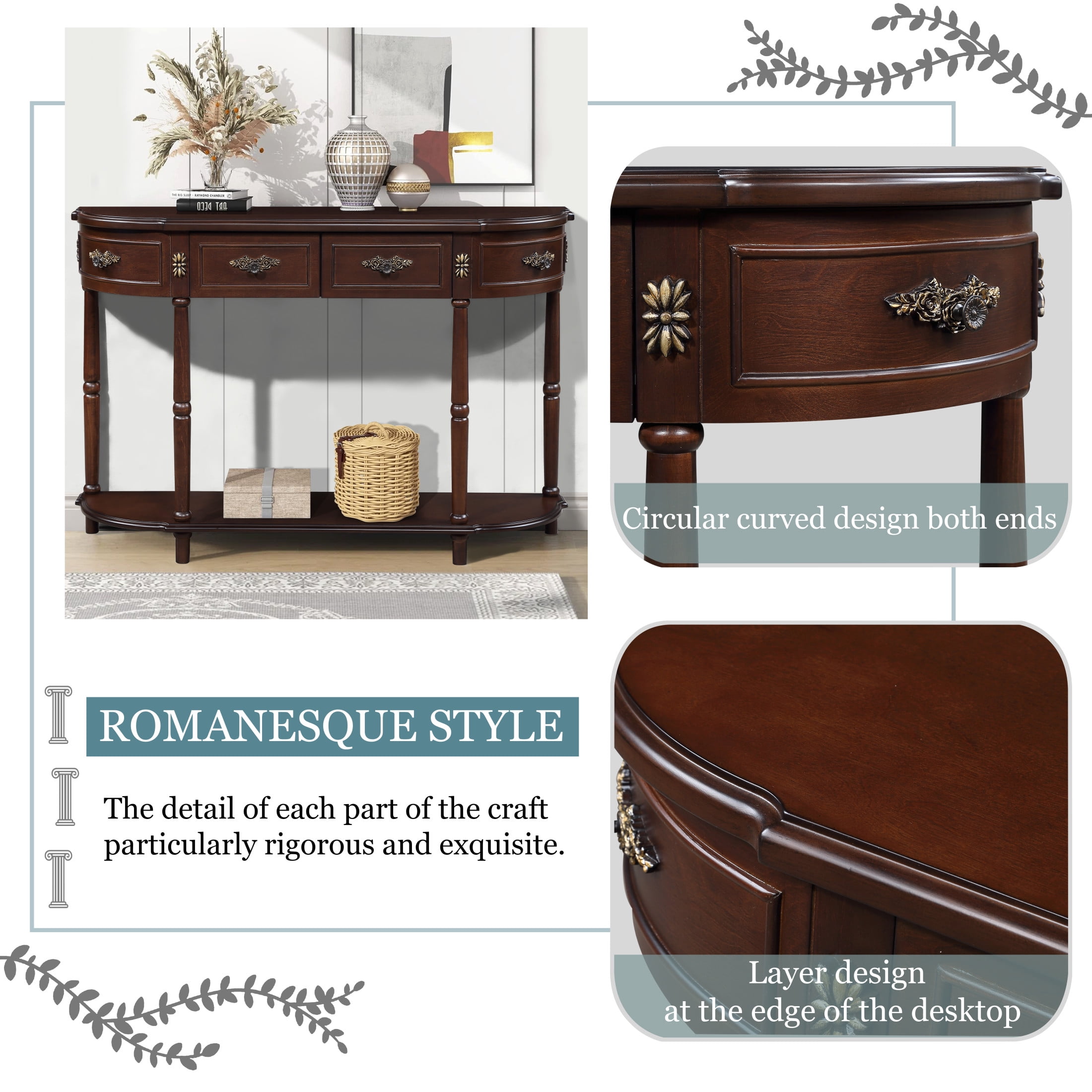 Noble House Ernestine Console Table, Pine Wood Frame with Drawers and Shelf, Half Moon Entryway Table, Espresso