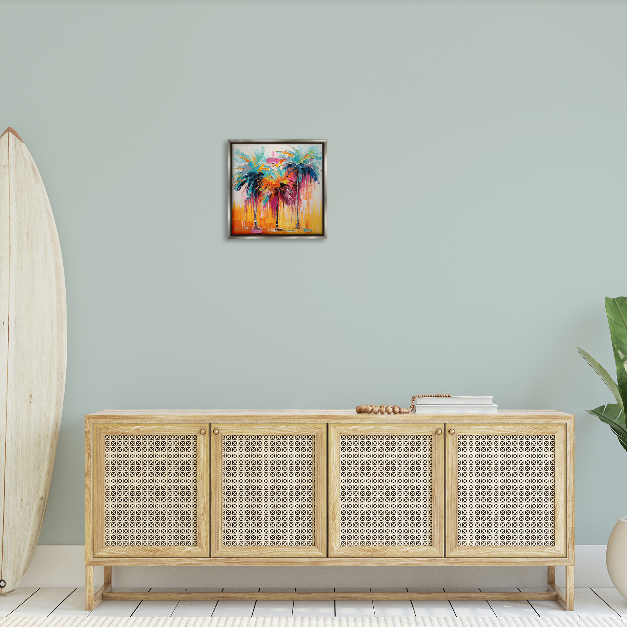 Stupell Industries Vivid Modern Palms Botanical & Floral Painting Gray Floater Framed Canvas Art Print Wall Art, 18 x 18