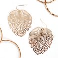 thumbnail image 2 of Filigree Leaf Earrings - Delicate Lightweight Cutout Oversized Drop Dangles by Humble Chic NY, Tropical Gold-Tone, Palm Tree Frond, 2 of 4