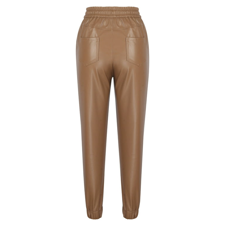 Hfyihgf Women's Faux Leather Pants High Waist Elastic Stretchy Drawstring  Jogger Trousers with Pockets Clubwear Clothes(Khaki,XXL)