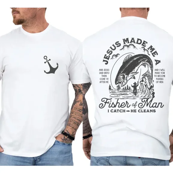 Fisher of Men T-Shirt – Christian Bible Verse Graphic Tee for Men, Religious Fishing Shirt, Faith-Based Gift for Dads, Husbands, Pastors, Believers, and Outdoorsmen