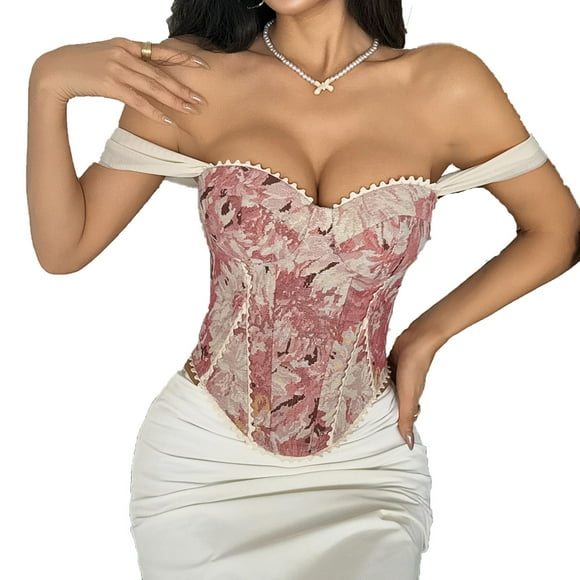 Corset Lace Up Women's Fishbone Lace Up French Lace Printed Flower Corset