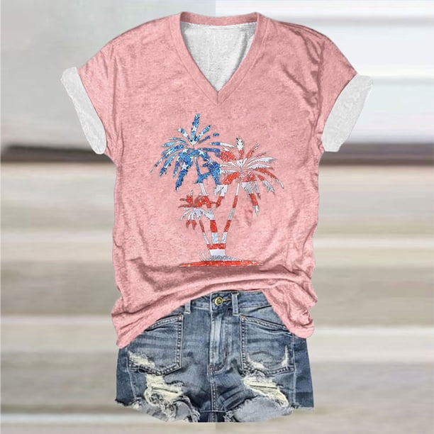 Fiudx Ropa de Mujer Top de Manga Corta con Cuello En V Estampado Del Día de La Independencia para Mujer Top/Camisa de Manga Corta con Cuello En V