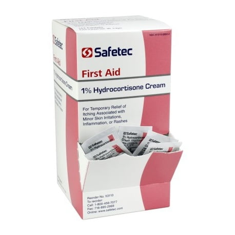 Safetec First Aid 1% Hydrocortisone Cream Itch Relief 0.09 Gram Individual Packet Box of 144