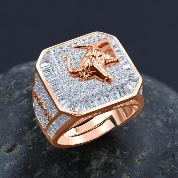 Mens 14K Rose Gold Finish Taurus Bull Zodiac Sign Astrology Horoscope Band Baguette & Round Cut Simulated Diamond Ring