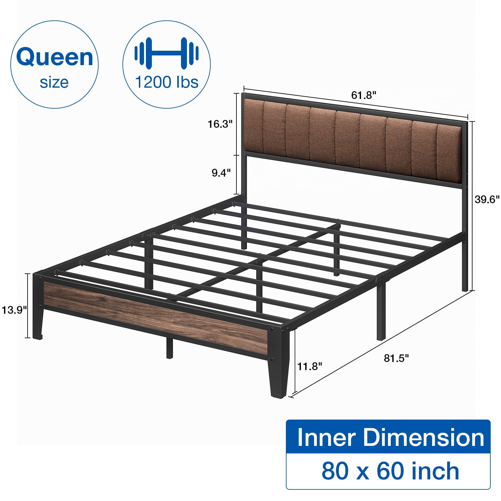 Lusimo Queen Bed Frame with Fabric Upholstered Headboard Metal Platform Bed No Box Spring Needed, Brown