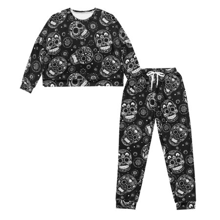 HELLHERO Skull Printed Pajamas for Women Long Sleeve Sleepwear Crewneck Nightwear with Pockets Soft Pjs Lounge Sets S