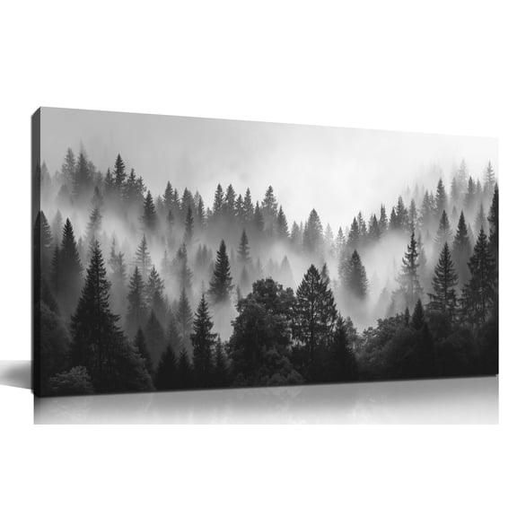 Black and White Misty Forest Mountain Canvas Wall Art, Foggy Pine Tree Landscape Woodland Scenery Painting, 40x20 Inch Nature Wall Decor Picture for Living Room Bedroom Home Office