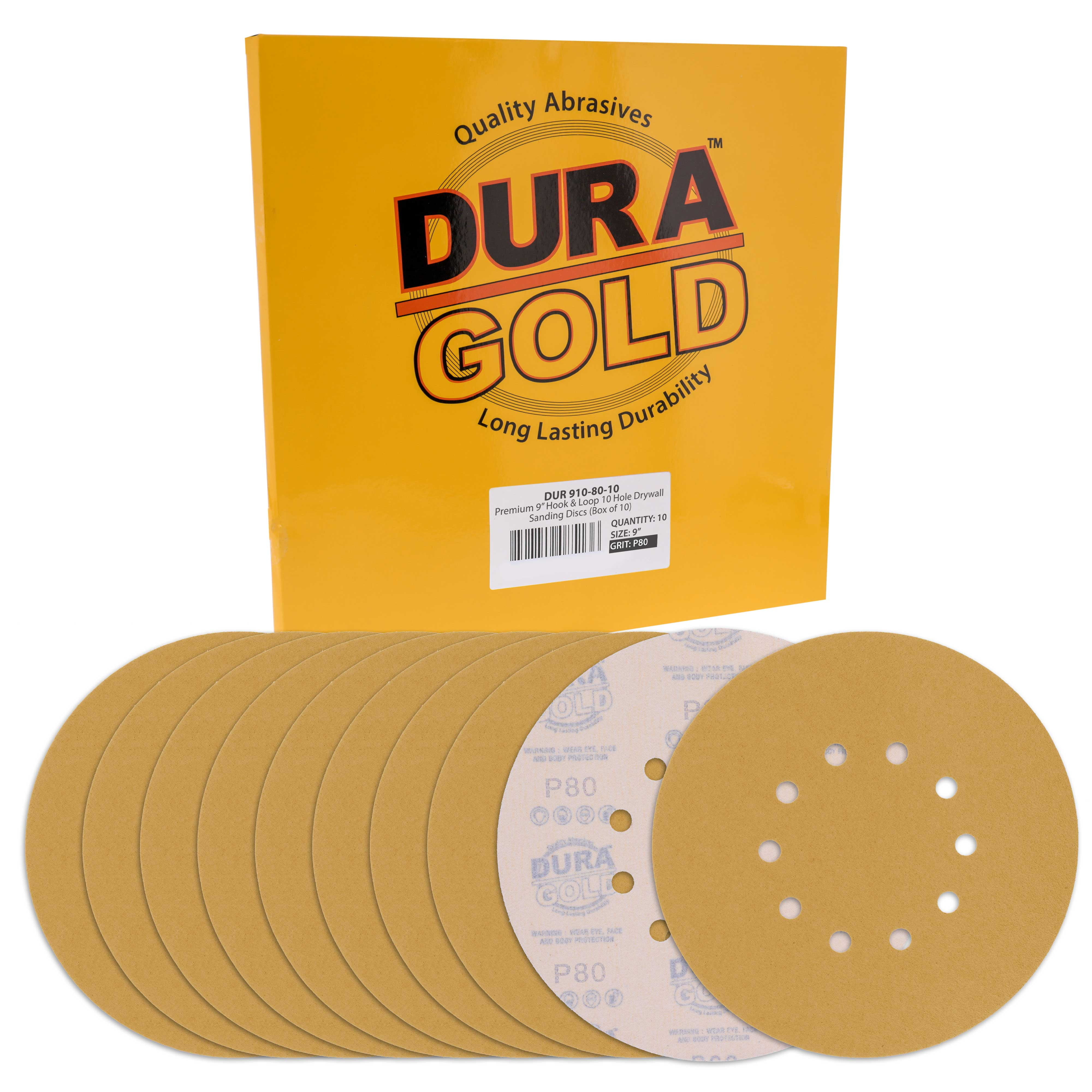 Box of 10 Sand Wood Dura-Gold Premium 9 Drywall Sanding Discs 80 Grit For Drywall Power Sander Fast Cutting Aluminum Oxide Abrasive - 8 Hole Pattern Sandpaper Discs with Hook & Loop Backing 
