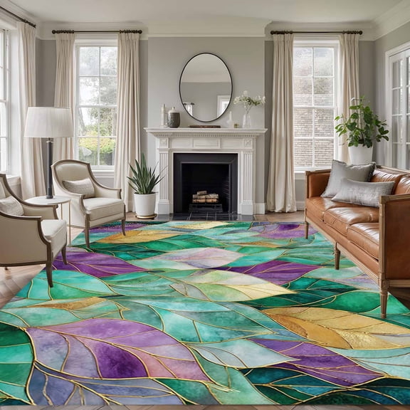 Purple Green Leaves Area Rugs 6'x9', Washable Small Throw Rugs for Kitchen Dining room, Modern Abstract Art Botanical Indoor Outdoor Rug Non-Slip Low Pile Carpet Runner Reversible Floor Mats