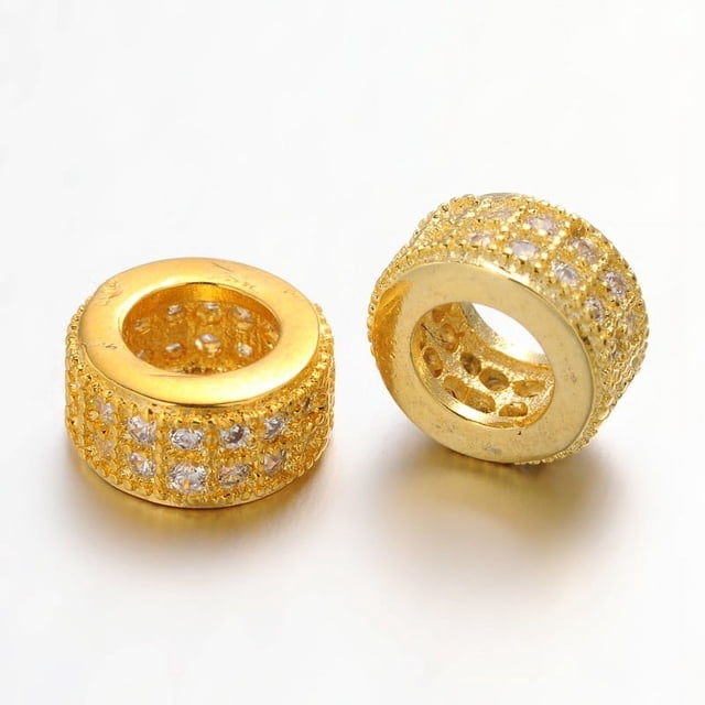 Brass Micro Pave Cubic Zirconia Beads Large Hole Rondelle Beads Lead Free & Nickel Free Clear Golden 8.5x4mm Hole: 4.5mm