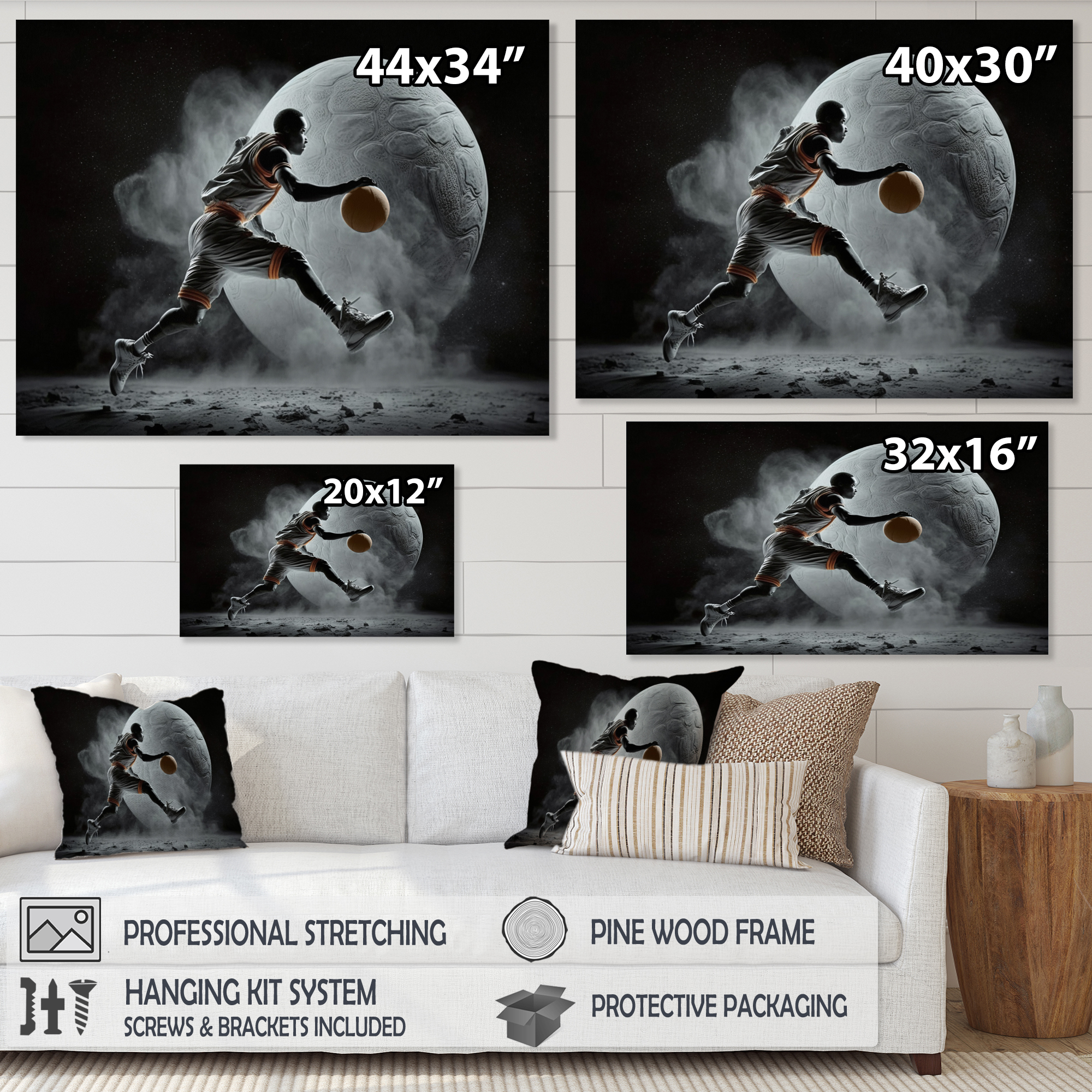 Designart Basket Ball On The Moon Canvas Wall Art