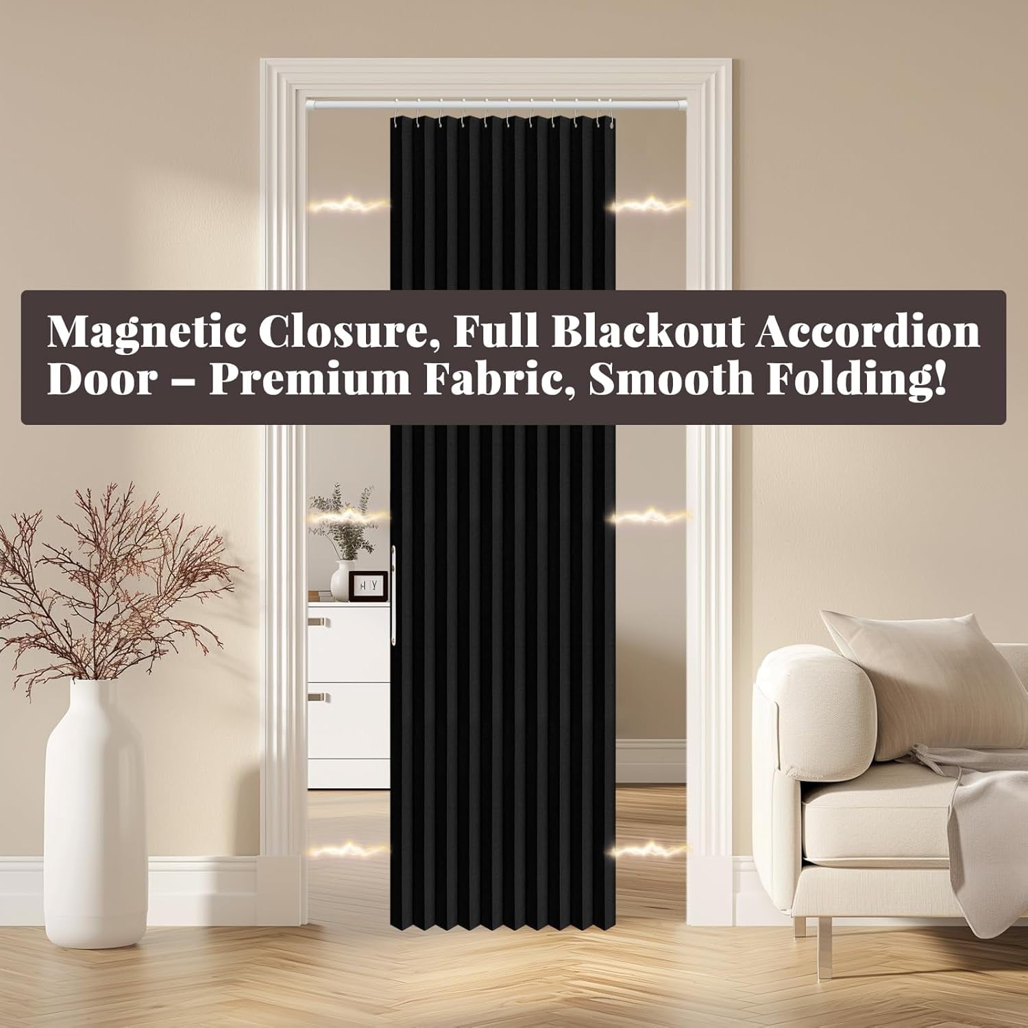 100% Blackout Magnetic Door Curtain Accordion Doors Interior Closet Door Curtain Invisible Applicable Bedroom Room Living Room Doorway (Black 42" W x 78" L) 1 Panel