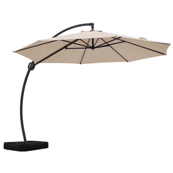 FUNDAZE 11ft Market Patio Umbrella with Base, Curved Cantilever Hanging Sun Shade with Crank & Tilt for Garden, Deck, Poolside,Beige