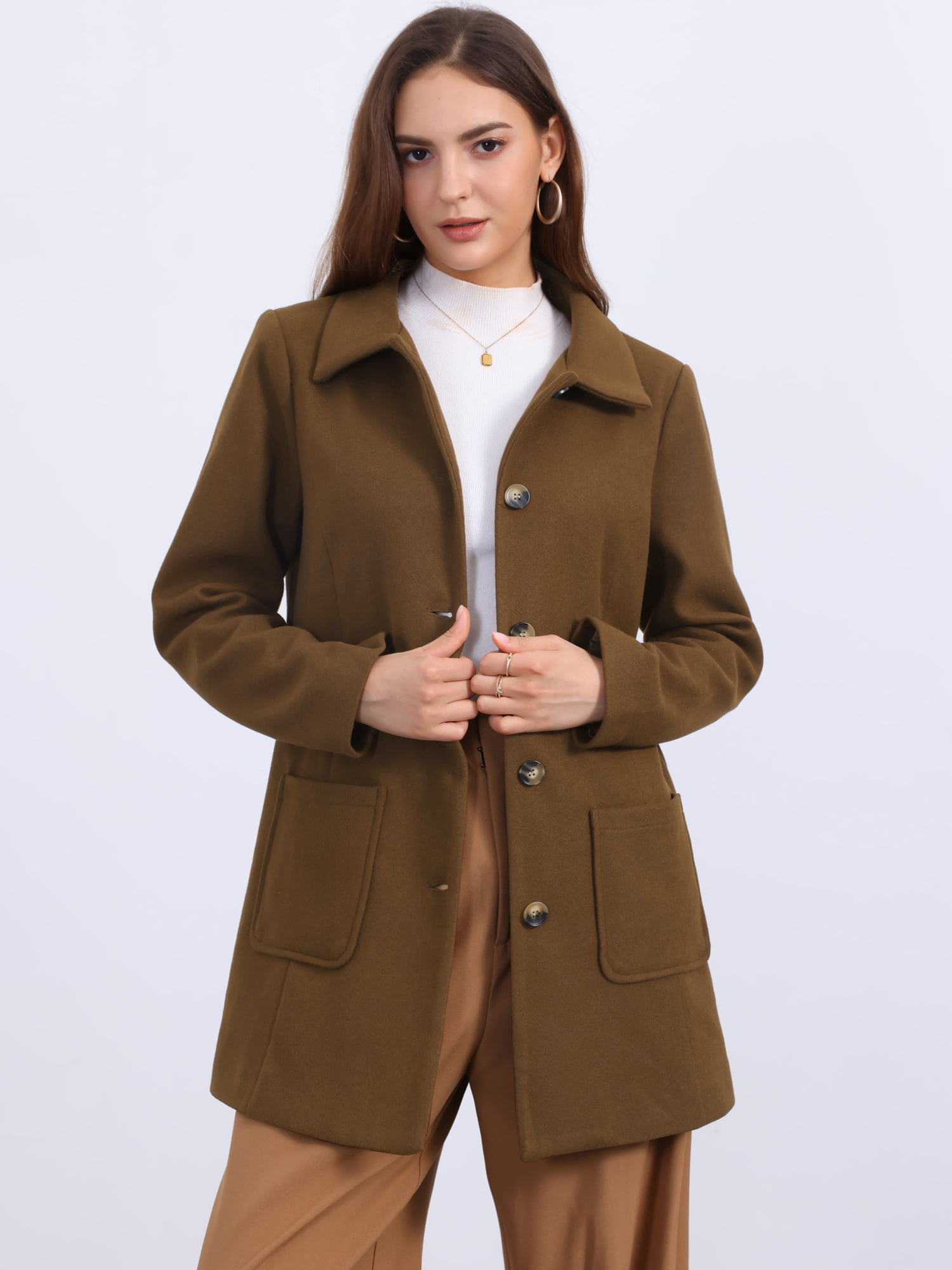 DARING DIVA Women's Winter Overcoat Mid-Long Notch Lapel Peacoat with Pockets XL Brown