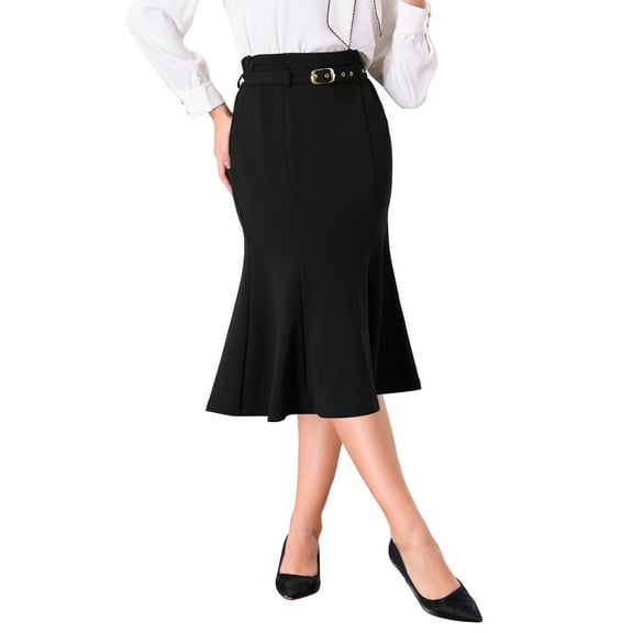 INSPIRE CHIC Women's Elegant Fishtail Skirt High Waist Belted Work Midi Mermaid Skirts S Black