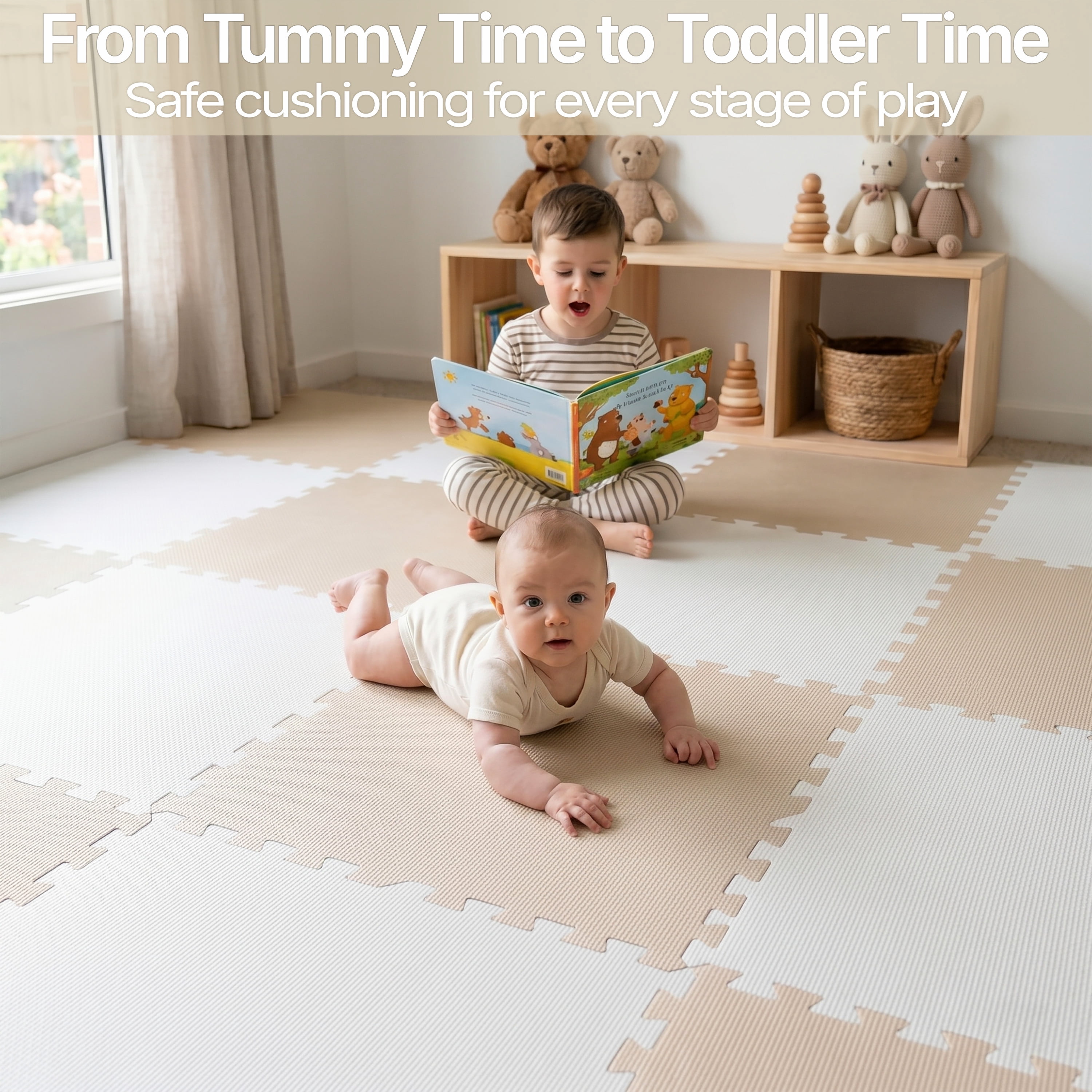 FlooringInc's Rainbow & Natural Harmony Playmat - Kid Safe Foam Floor Tiles with Removable Edges - 2'x2', 1/2" Thick (Moonbeam, 6 Tile Pack)