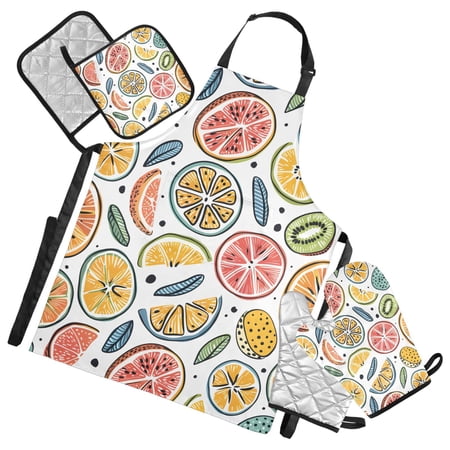 Colorful Hand-drawn Oranges 5 Pcs Kitchen Set Heat Resistant Oven Mitts and Non-Slip Pot Holders with Adjustable Cooking Apron