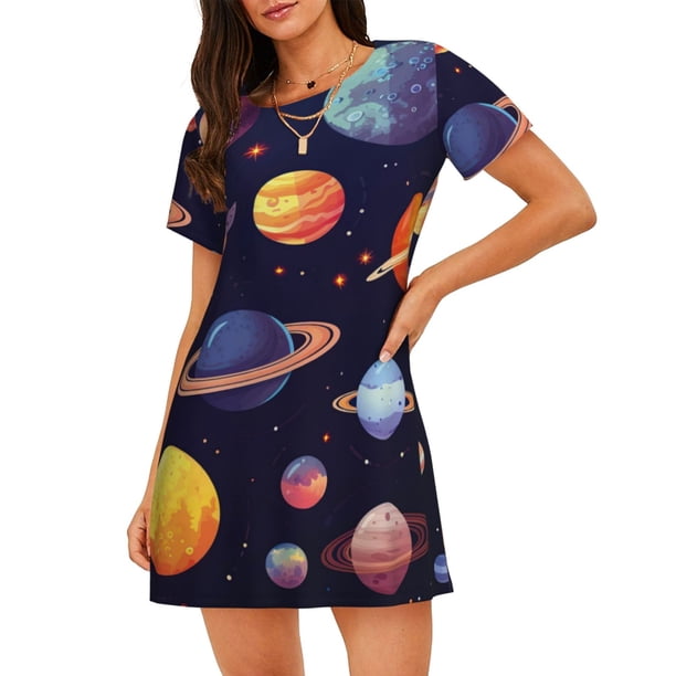 Disketp Space Planet para Camisón Corto de Manga Corta para Mujeres, Camisón Cómodo con Escote Redondo, Bonito y Confortable