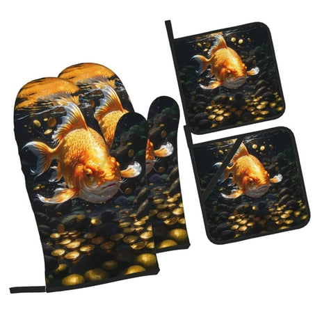 

Honeii Golden Koi And Treasure Pattern Oven Mitts and Pot Holders Silicone Oven Gloves 500 F Heat Resistant Oven Mitts Sets 4PCS