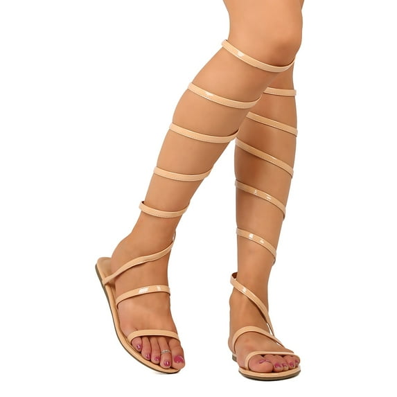 New Women Liliana Aurora-239 Patent PU Open Toe Slinky Wind Up Knee High Sandal