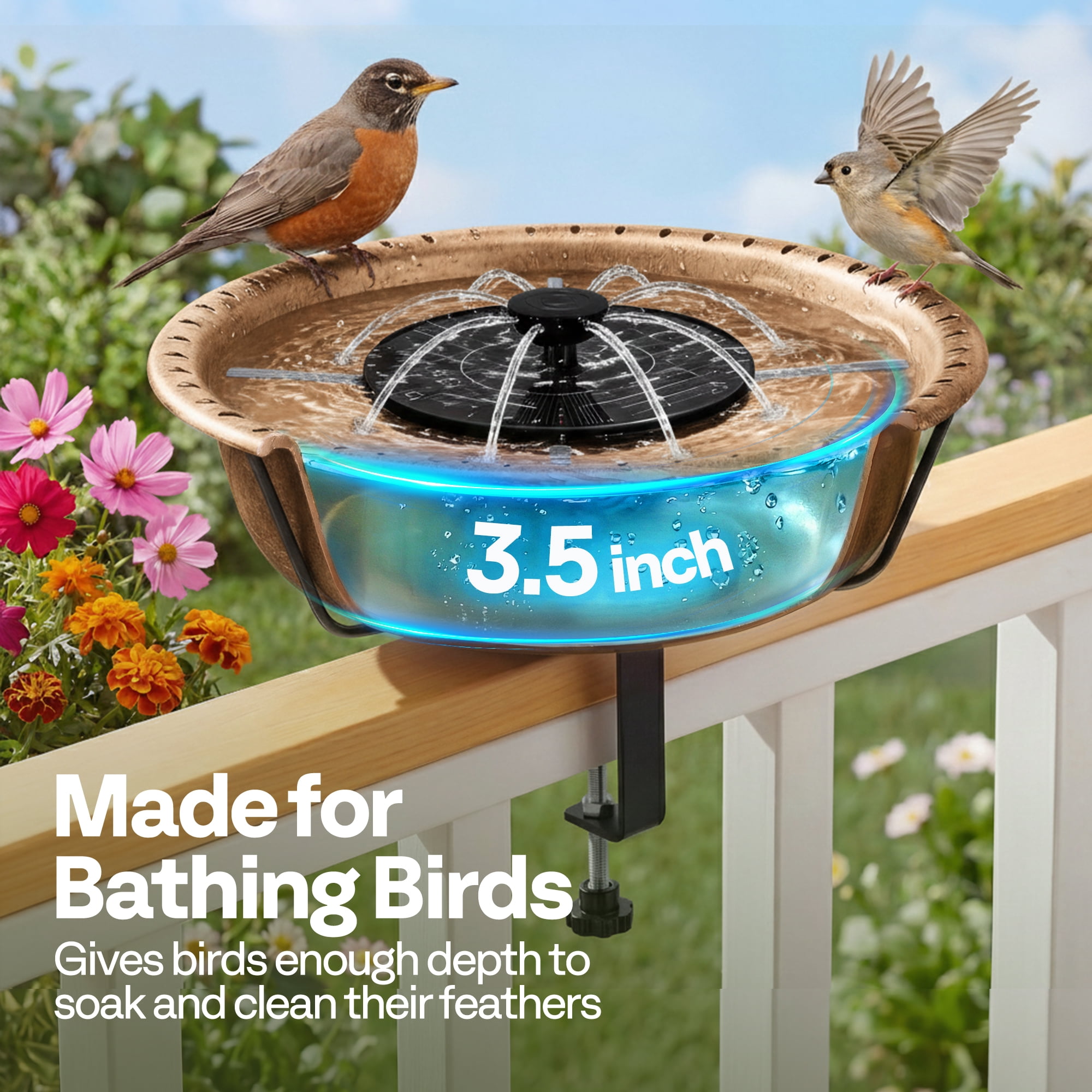 SPECSTAR Deck Mounted Bird Bath with Solar Fountain, Outdoor ABS Birdbath Bowl with Adjustable Metal Clamp, Solar Powered Pump for Railing, Fence, Balcony, 1.45 Gallons, Copper