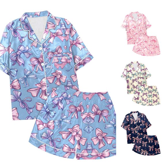 LIIPEE Bowknot Graphic Pajamas For Girls Short Sleeve Flat Collar Blouses And Shorts Pajama Set 2 Piece Kids Cute Everyday Sleepwear,10-11 Years