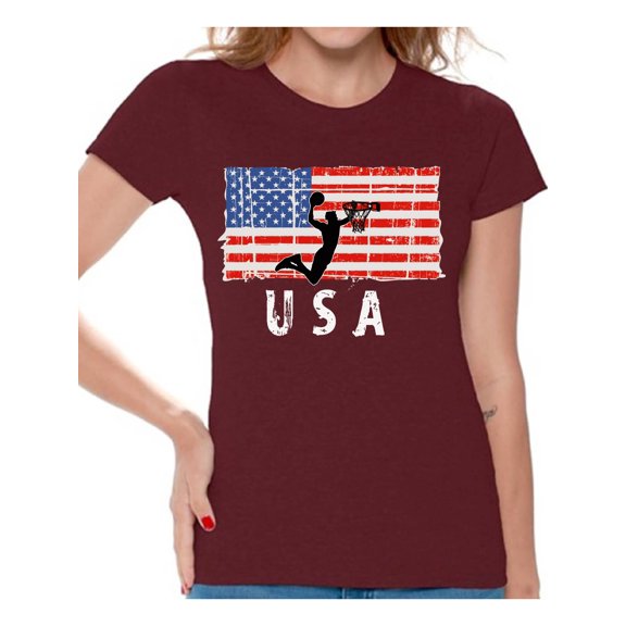 Awkward Styles Basketball USA Women Shirt Proud American Pro America T shirt for Women Stripes and Stars Patriotic Women Tshirt USA Pride Retro USA Flag T-shirt for Women