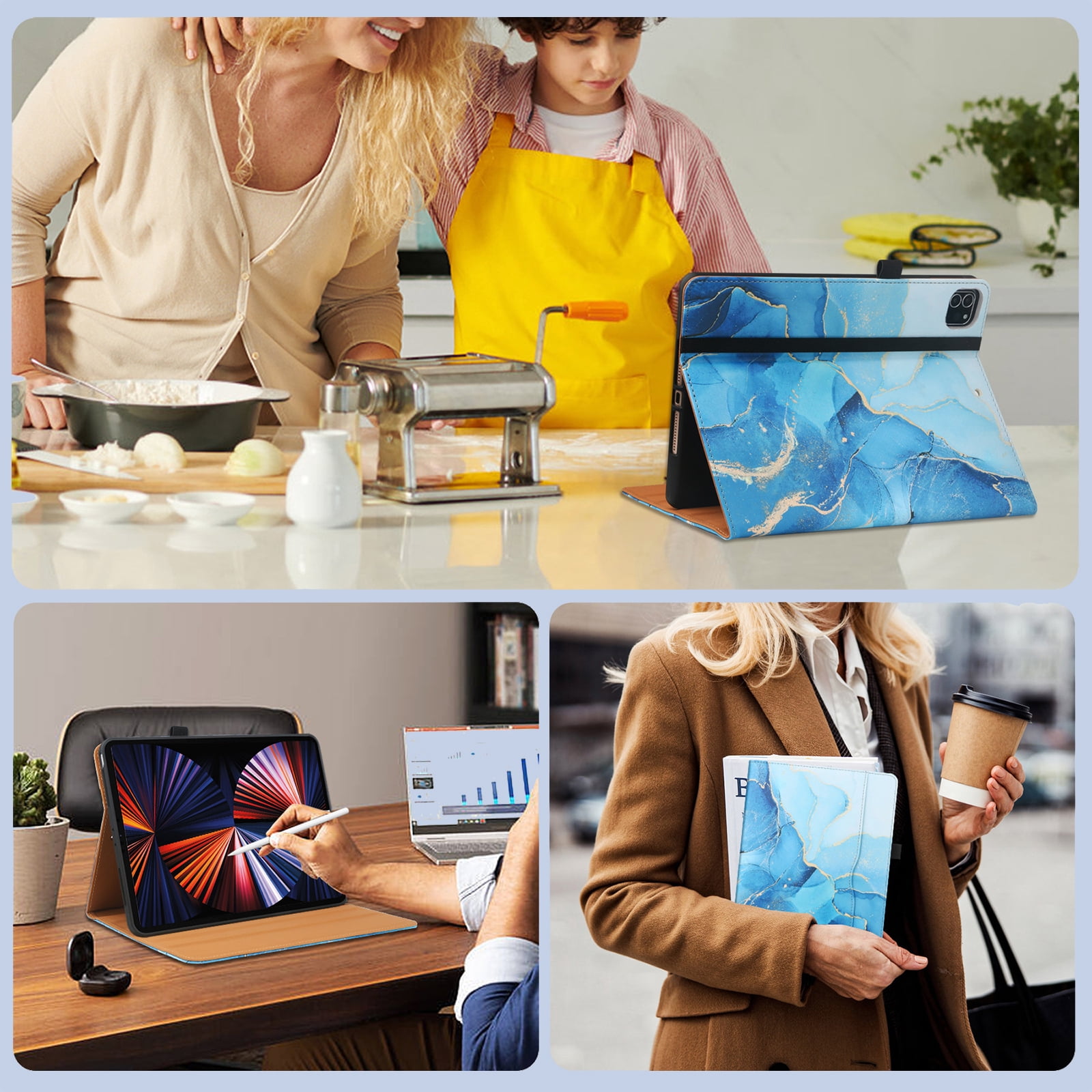 For iPad 6th 5th Gen Case/ iPad Air 1 2 Case, Auto Sleep Wake Kickstand Elastic Band Pencil Holder Front Pocket Business Case for Apple iPad 9.7" 2018/2017/ iPad Air 1 2 9.7", Blue Marble