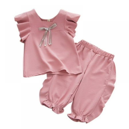 

Xinhuaya Summer Baby Girls Casual Fly Sleeve Bow Tops T-shirt+Short Pants Suits Costume Set