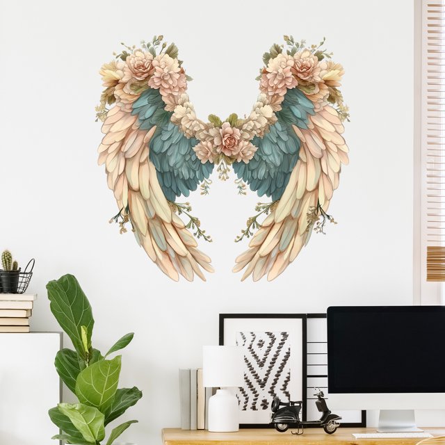 Adhesivos de pared creativos con alas de flores y plumas de PVC, 50 x 50 cm