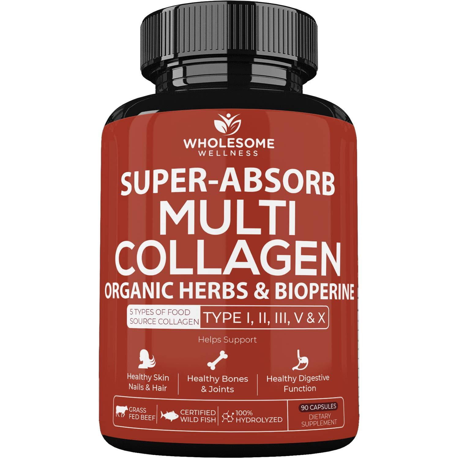 Super-Absorb Multi Collagen Pills (Type I II III V X) Organic Herbs and Bioperine - Anti-Aging, Hair, Skin, Nails, Joints - Hydrolyzed Collagen Peptides Protein Supplement for Women Men (9