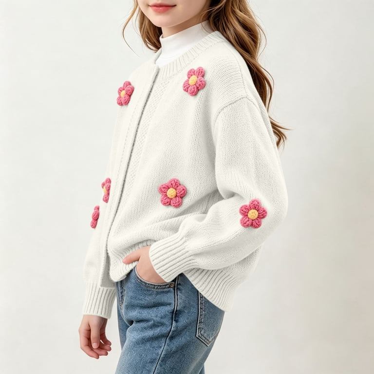 Mgmyaa Girls Knit Cardigan with 3D Flowers, Long Sleeve Button Down ...