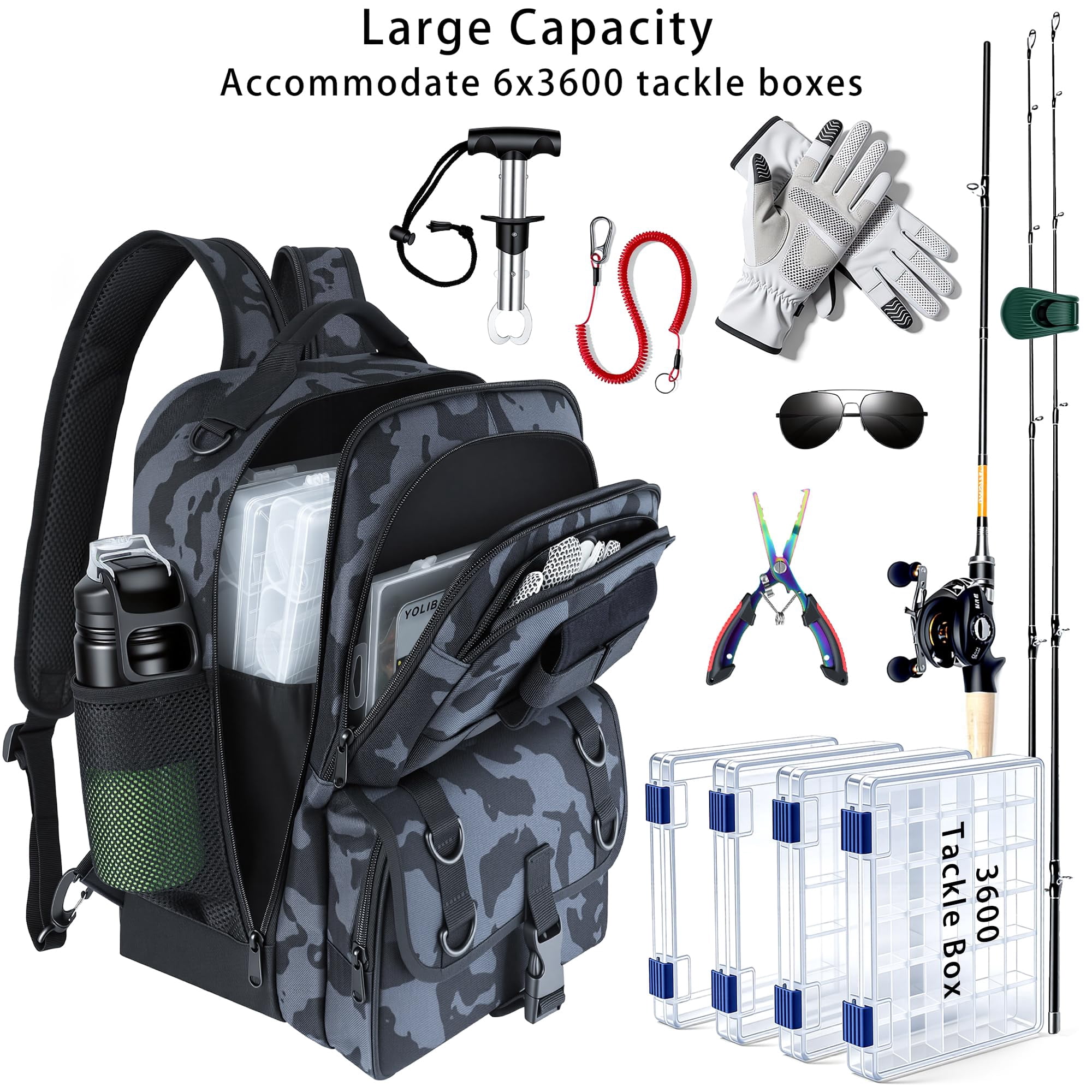 Fishing Backpack With Tackle Boxes Sling Bag Rod Holder Waterproof Gear  Gifts For Men Women Combo Kit Camouflage Black