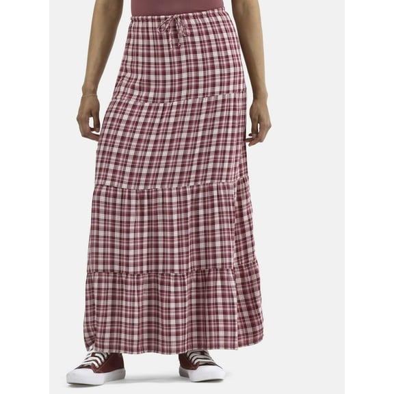No Boundaries Woven Plaid Tiered Maxi Skirt, Women's