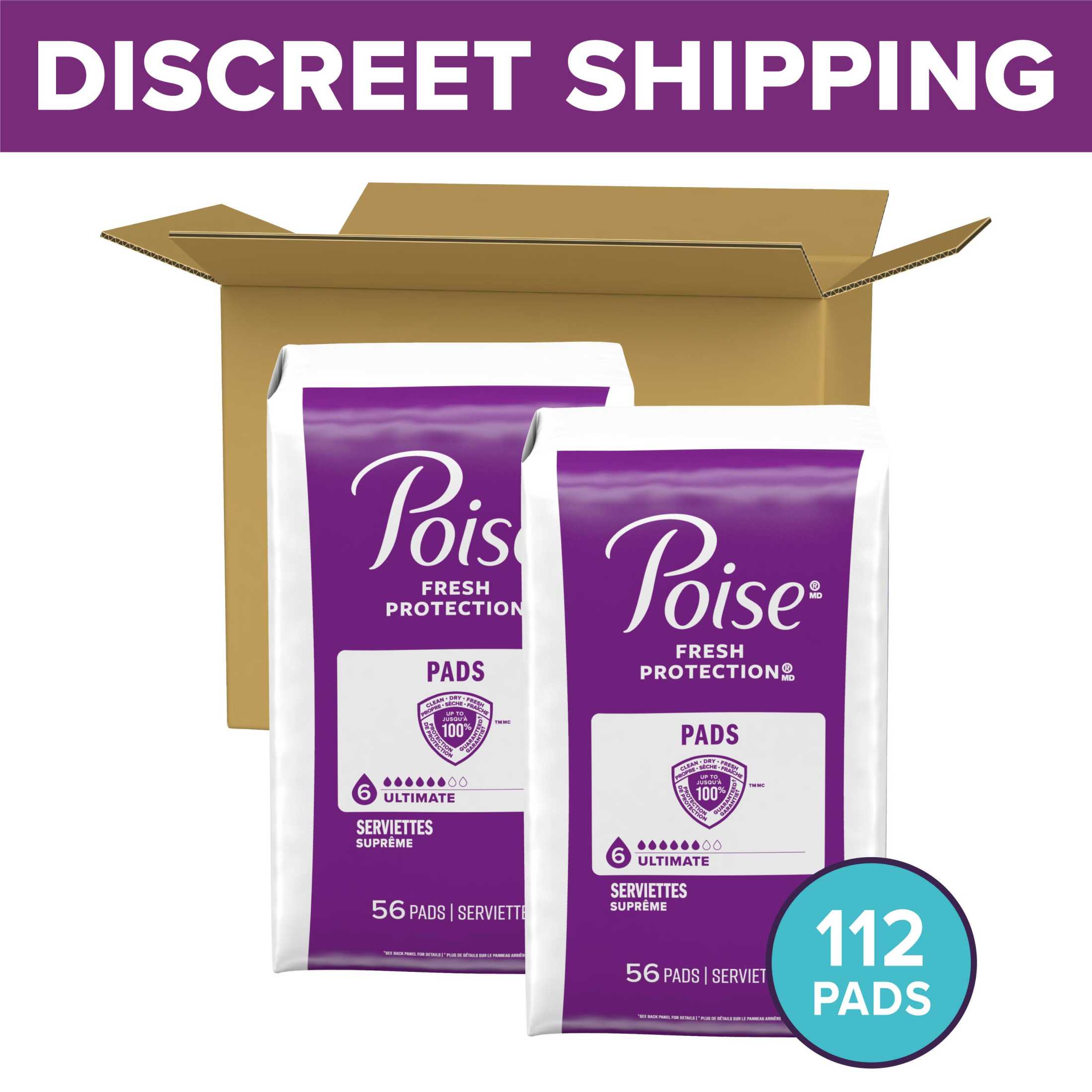 (2 pack) Poise Incontinence Pads for Women, 6 Drop Ultimate Absorbency, Regular Length, 112 Count
