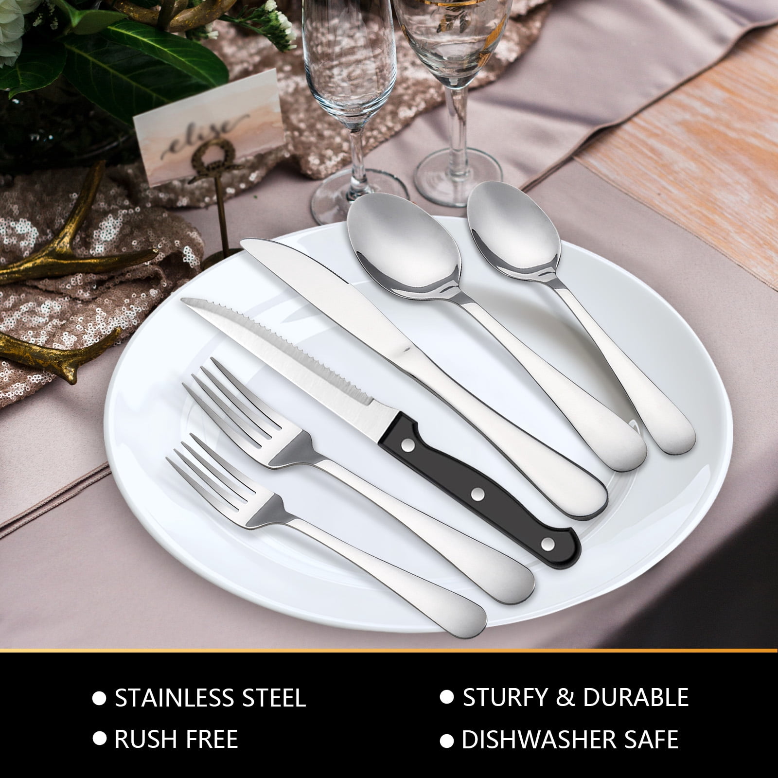Koomade 48-Piece Stainless Steel Flatware Set for 8 with Steak Knives, Mirror Polished, Dishwasher Safe, Ideal for Home, Kitchen, Restaurant, and Hotel Use
